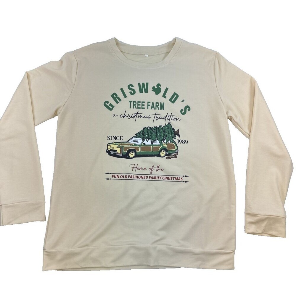 Griswalds Tree Farm Christmas Sweater Sweatshirt Pullover Beige Womens Large